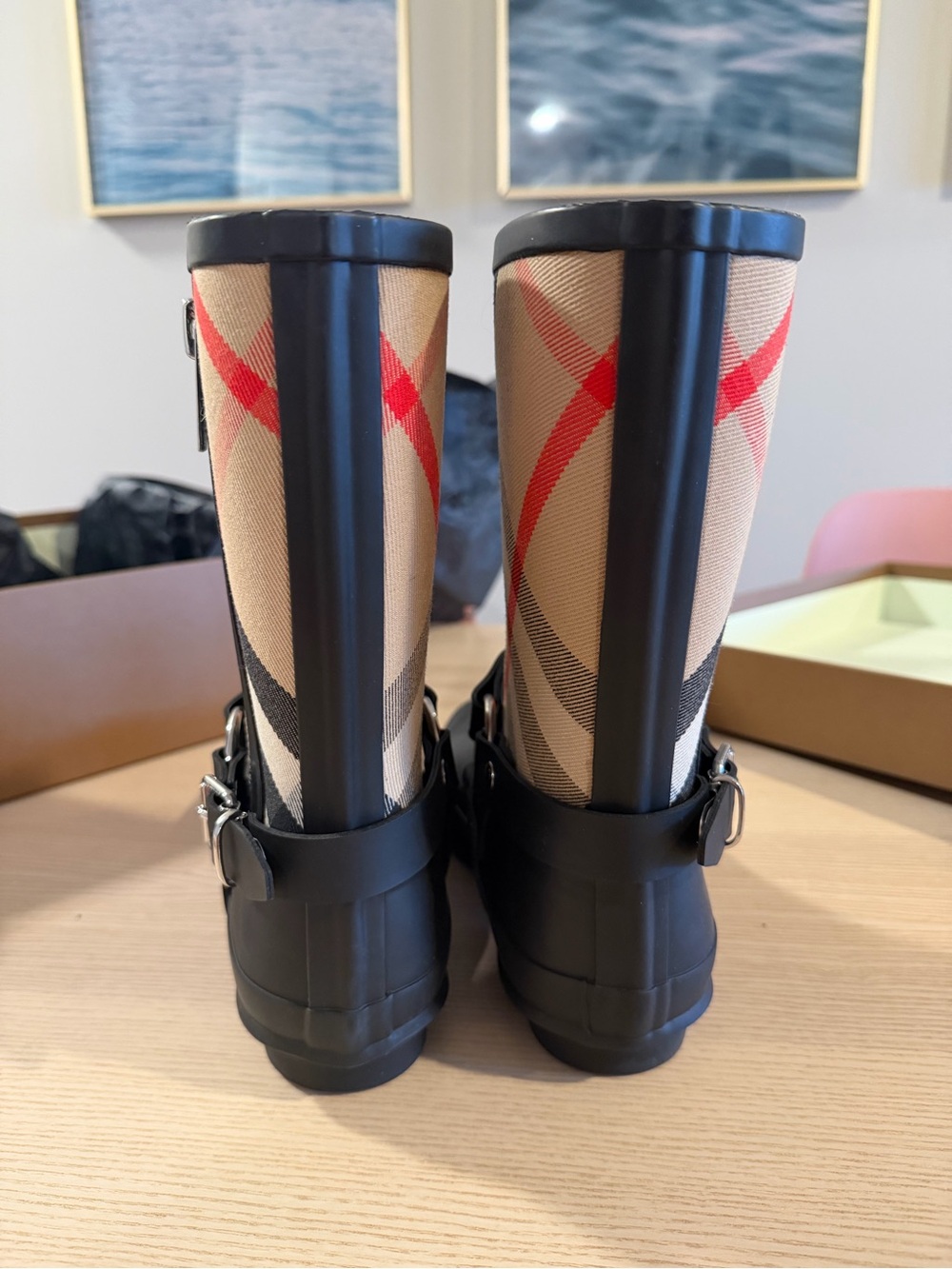 Burberry Black Rubber & Beige Check Zip-Back Rain Boots - Picture 4 of 7